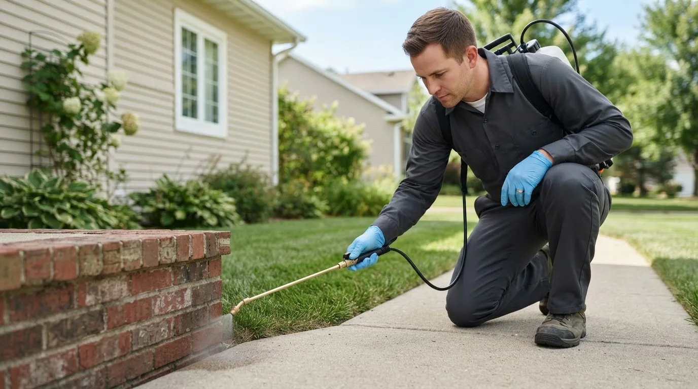 Pest control technician treating a home near Homer, MI