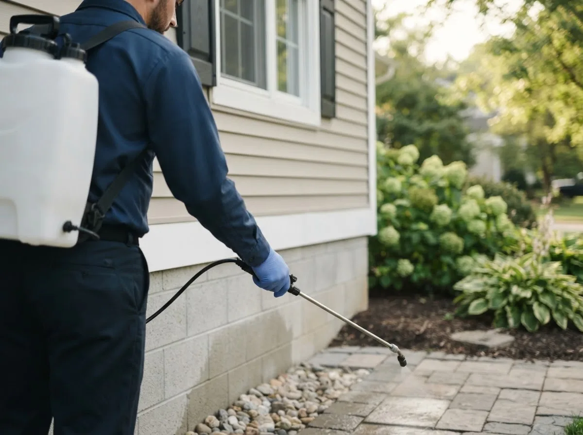 Pest control technician inspecting a home in Homer, MI